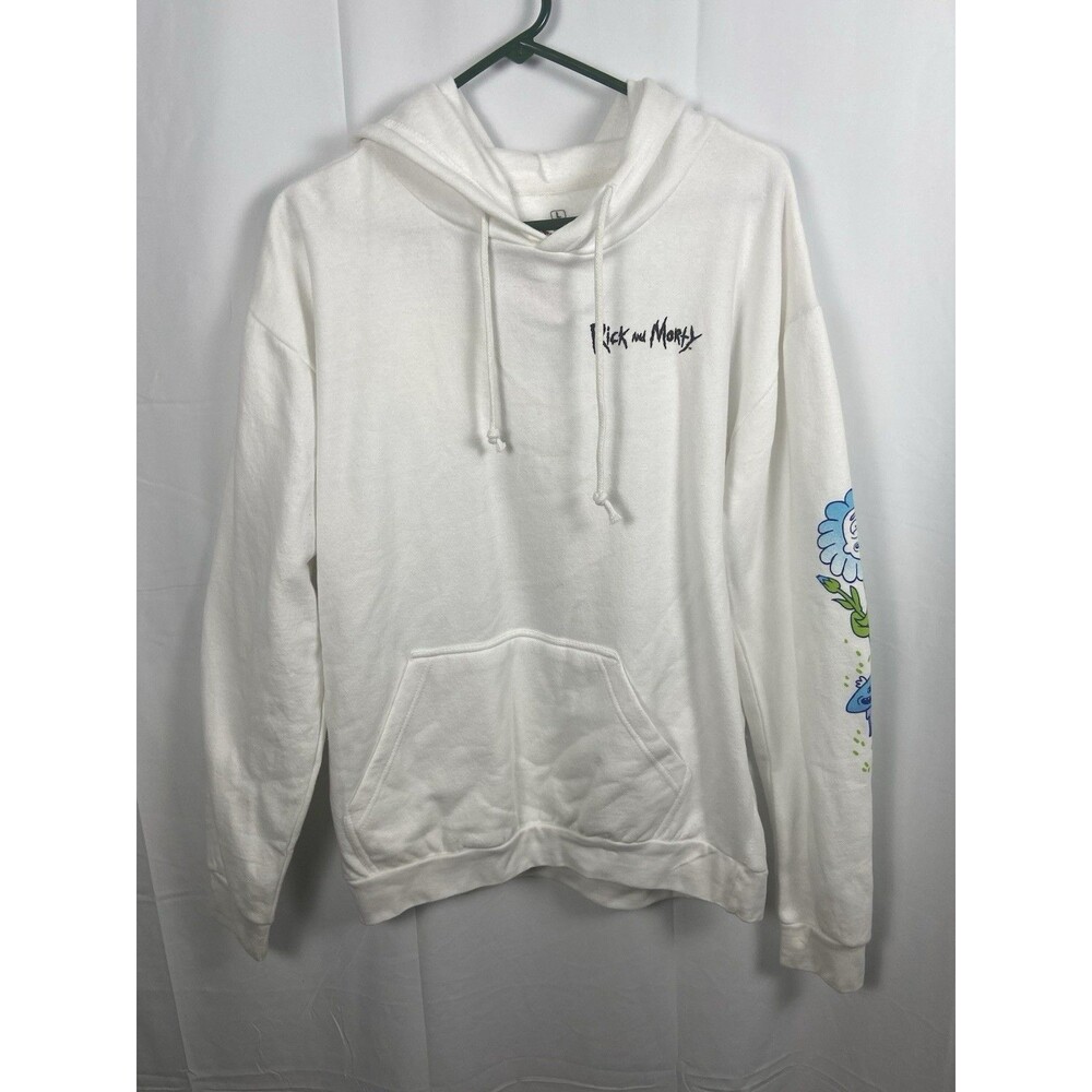 Rick And Morty Hoodie White Cartoon Network “Adult Swim” Sz L Hand Warmer Pocket
